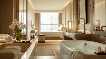 Hotel room with a modern bathroom, Open-plan design, Luxurious amenities, Soft natural light, Relaxing and spa-like experience.