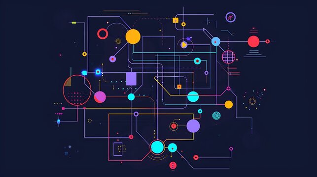 Abstract Geometric Network with Colorful Digital Wire Lines Dots for Modern Futuristic Illustration Graphic Design Technology Concept.