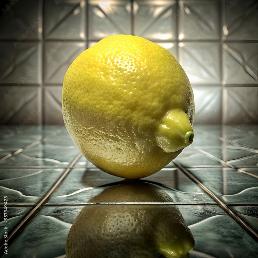 Aufkleber a realistic 3d rendering of a single lemon. perched on a glossy tiled surface.