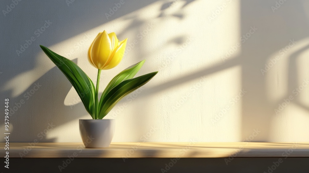 Poster 3d rendering of a yellow tulip on a shelf