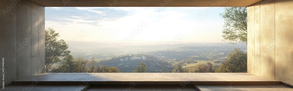 Poster 3d rendering of a landscape view through a window at a lookout tower