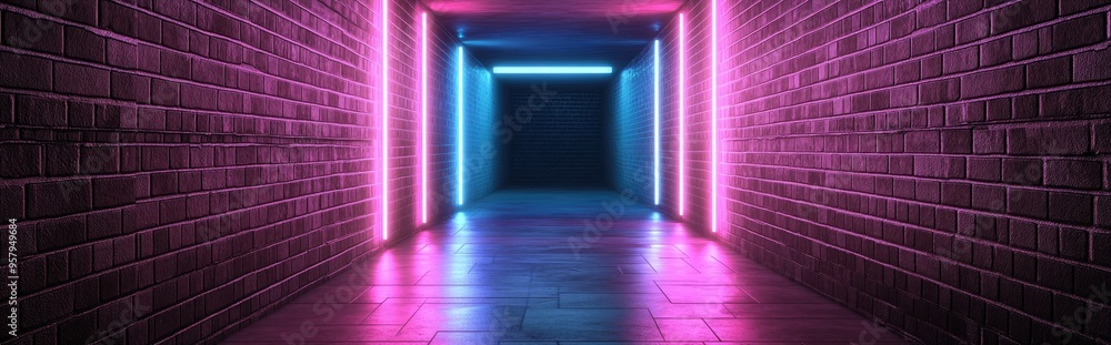 Poster 3d rendering of an empty corridor featuring brick walls illuminated by neon light