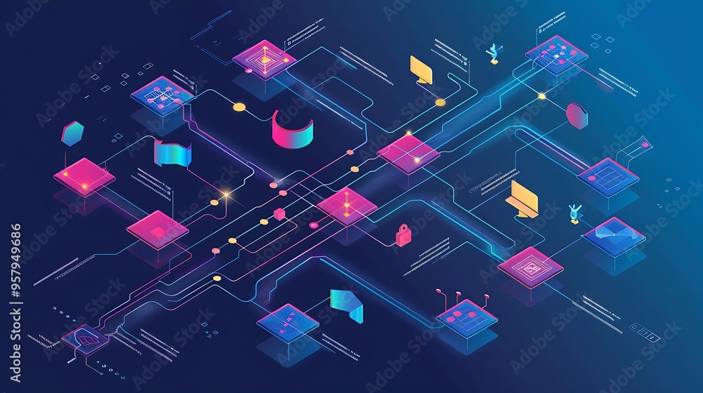 Poster abstract digital illustration with interconnected line node network graph for data flow technology c