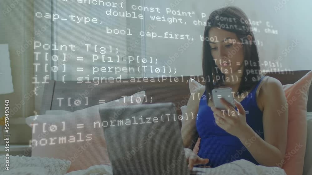 Poster programming code animation over woman using smartphone and laptop in bed
