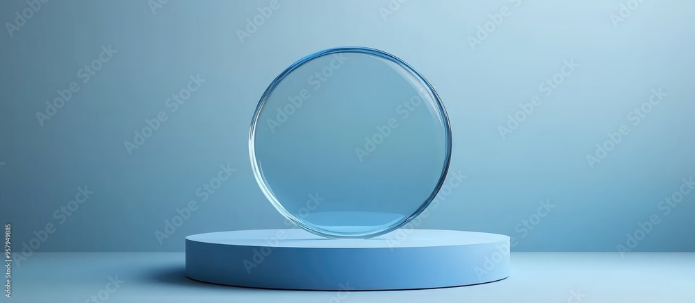 Poster 3d rendering of a blue podium with a circular glass backdrop ideal for showcasing modern interior co