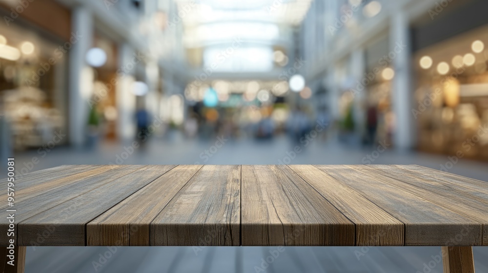 Aufkleber 3d rendering of an empty wooden table set against an abstract blurred background of a shopping mall 