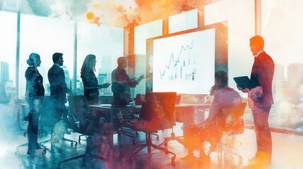 Creative Marketing Strategy Session in Sleek Office Setting with Watercolor Aesthetic