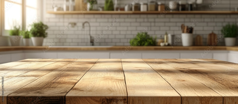 Poster 3d rendering of a product display space on a wooden table top with a blurred kitchen counter backgro