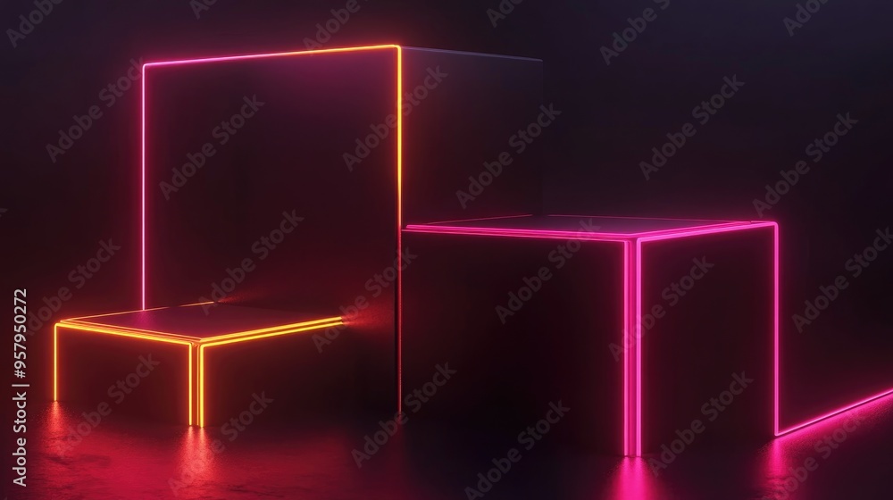 Poster 3d rendering of black geometric shapes illuminated by gradient neon lights against a dark background