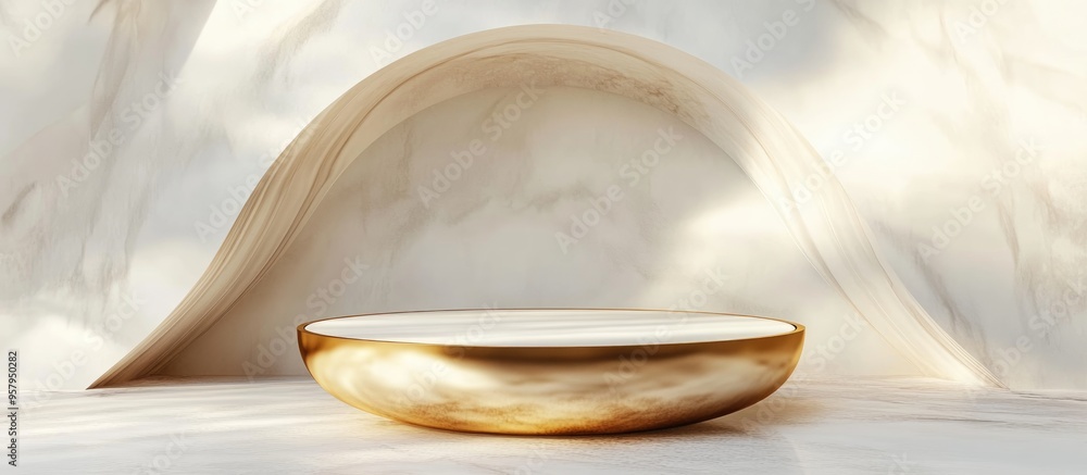 Poster luxury abstract gold podium within a hemisphere shell showcasing a simple and clean premium design 3