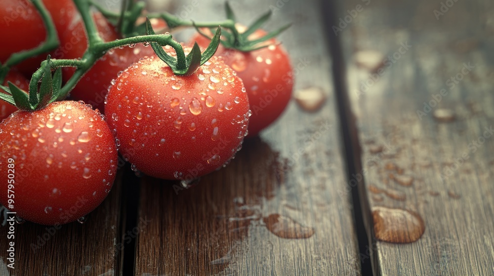 Aufkleber 3d rendering of a branch of tomatoes with water droplets on a wooden surface vertical orientation