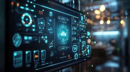 Obraz premium Smart home control center featuring a water meter, with an alert flashing on the screen due to excessive water usage, surrounded by IoT devices