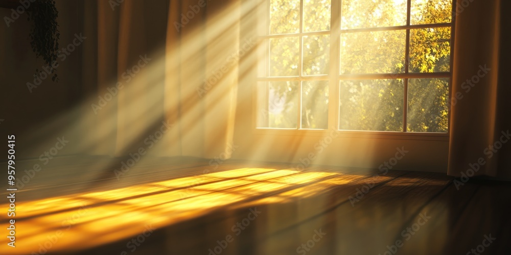 Poster 3d rendering of sunlight streaming through a window in a dimly lit room