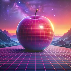 A futuristic 3D illustration of a glowing red apple with a retro grid design. set against a vibrant synthwave sunset and starry sky.