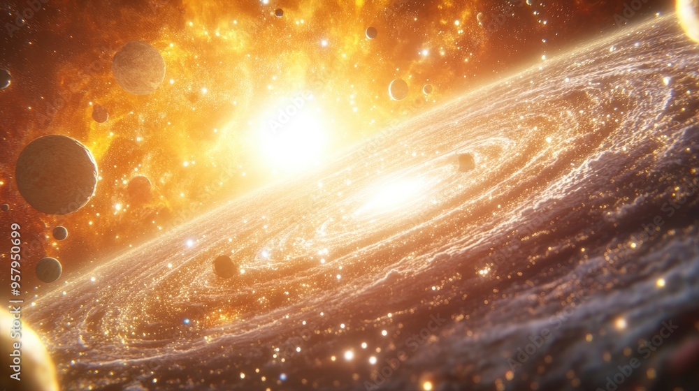 Aufkleber rendering of a 3d cartoon depicting galaxies and light with planets stars and cosmic elements showca