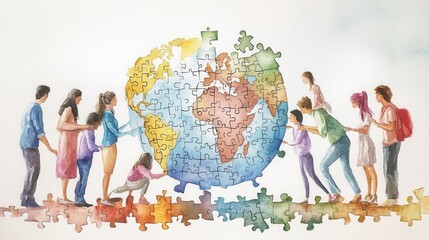 Watercolor illustration of diverse group assembling puzzle globe representing global unity and collaboration