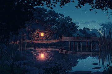Obraz premium Tranquil pond with softly illuminated foliage and a relaxing, nighttime atmosphere. Cozy vibe, Generative AI