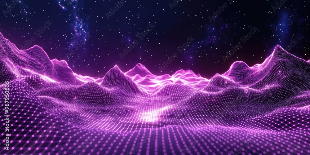 Aufkleber Abstract ultraviolet landscape in a dark background with a purple cyberspace grid showcasing a hi tech network and a violet starry outer space texture Vertical image orientation in 3D cartoon rend