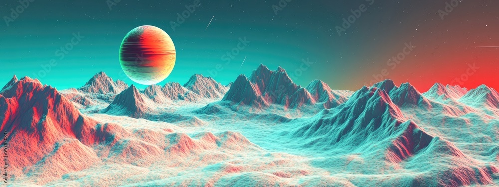Poster Modern minimalistic art of outer space in a 3D cartoon rendering Dualtone anaglyph