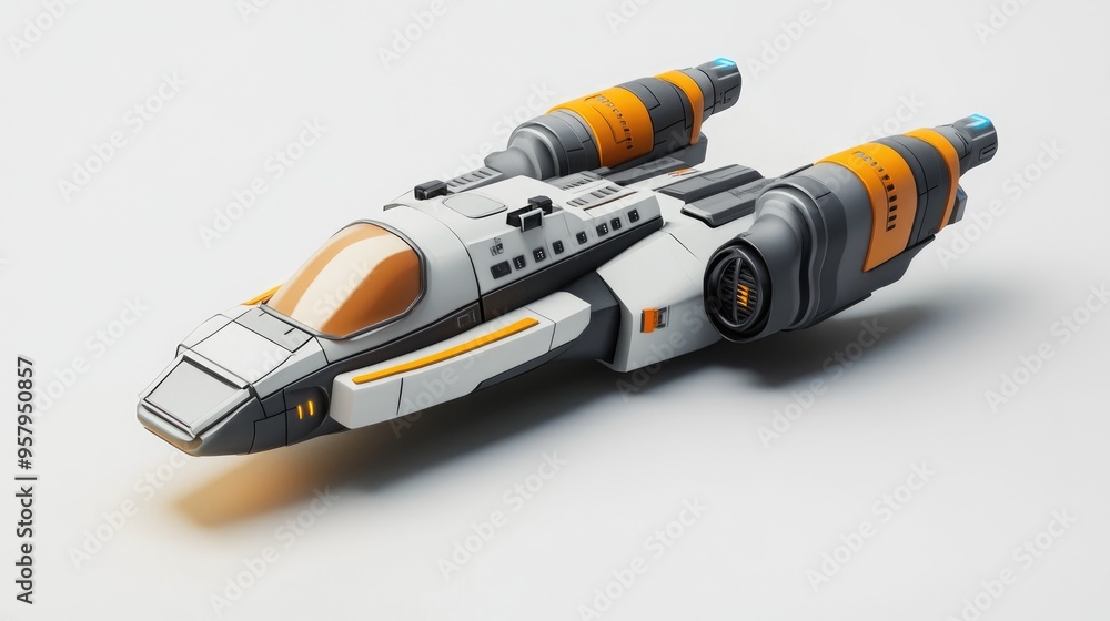 Leinwandbilder side view 3d cartoon rendering of a spaceship on a white background 3d illustration
