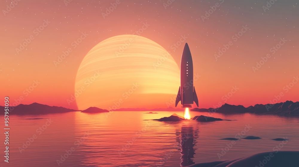 Aufkleber 3D cartoon illustration of a space rocket at sunset prior to launching into the cosmos Rockets and spacecraft are utilized to send humans into space and explore areas in the solar system that are