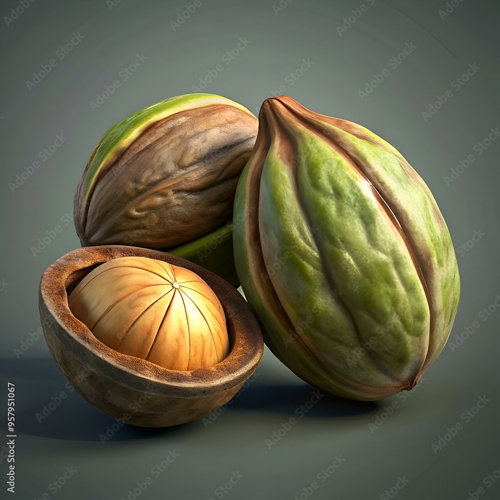 Poster a captivating 3d rendering of a trio of amazonian walnuts.