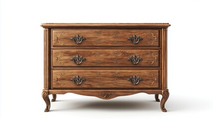 rustic wooden dresser with three drawers on a white background
