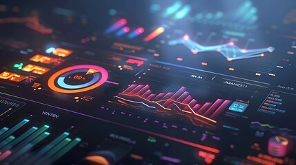 Futuristic data interface visualization with digital screens statistical charts and graphs for data analysis business development trend and information presentation technology concept.