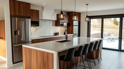 Sleek and Warm Modern Kitchen with Harmonious Design Elements