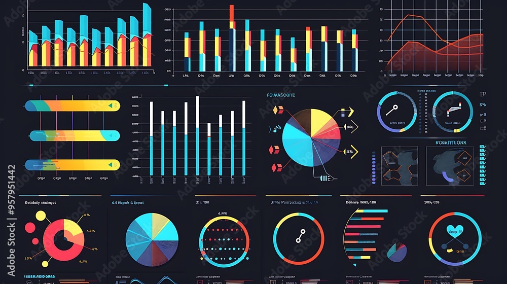 Poster colorful data visualization dashboard with infographic graph charts for business analytics informati