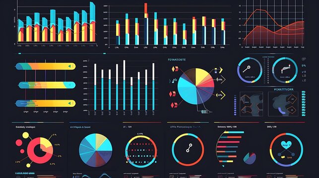 Colorful data visualization dashboard with infographic graph charts for Business analytics information concept.