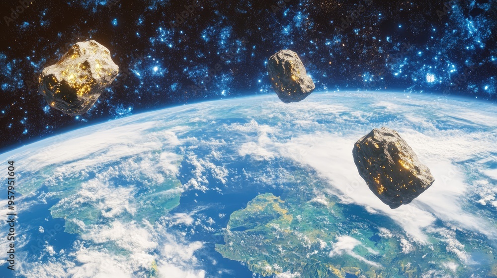 Aufkleber Three asteroids flying over Earth in 3D cartoon rendering