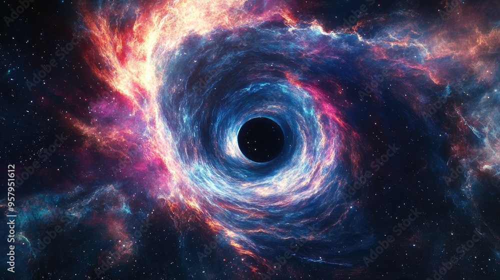 Poster Black hole with nebula over colorful stars and cloud fields in outer space depicted in a 3D cartoon rendering Mining gas in an alien black hole Abstract space wallpaper Collage