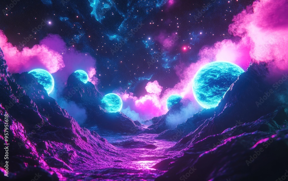 Leinwandbilder 3D rendering in a cartoon style featuring a space background filled with nebula and stars Includes a 360 degree HDRI map and equirectangular projection for a spherical panorama Graphic illustratio