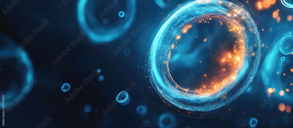 Leinwandbilder Abstract ring background with luminous swirling backdrop in a 3D cartoon rendering Glowing spiral and energy flow tunnel featuring a shining round frame with light circles and glowing cover Space f
