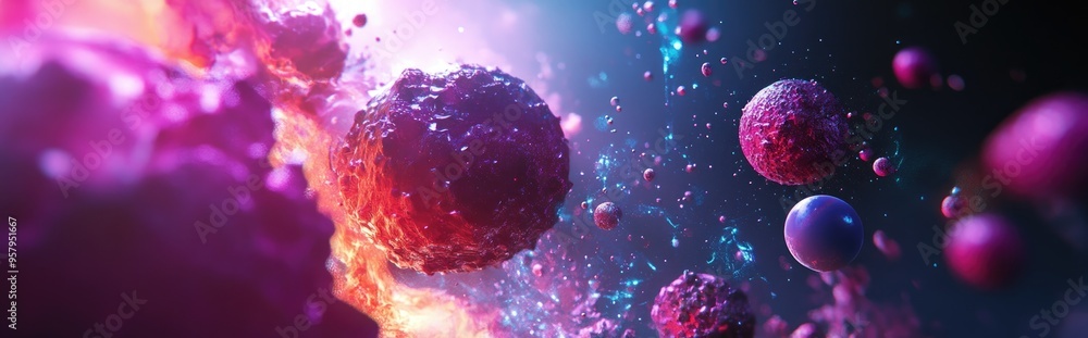 Poster An abstract scene depicting a colorful explosion in the universe created with 3D cartoon rendering 3D Illustration