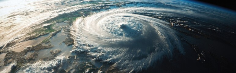 Fototapeta premium Extremely detailed and realistic high resolution 3D cartoon rendering of a hurricane impacting a coastal area captured from space