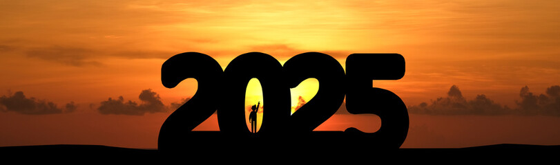 Concept Happy new year Silhouette 2025, Template for advertising, web, social of 2025 with engineer standing by to supervise the work on blue sky background.