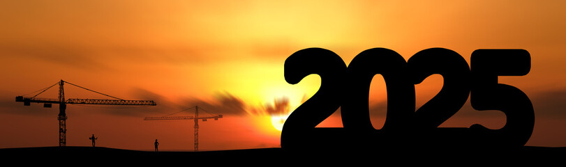 Concept Happy new year Silhouette 2025, Template for advertising, web, social of 2025, crane with engineer standing by to supervise the work on blue sky background.