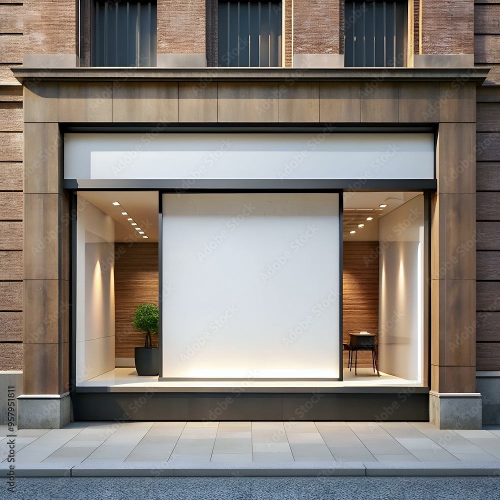 Poster a clean and modern storefront mockup with a large blank window display. perfect for showcasing your 
