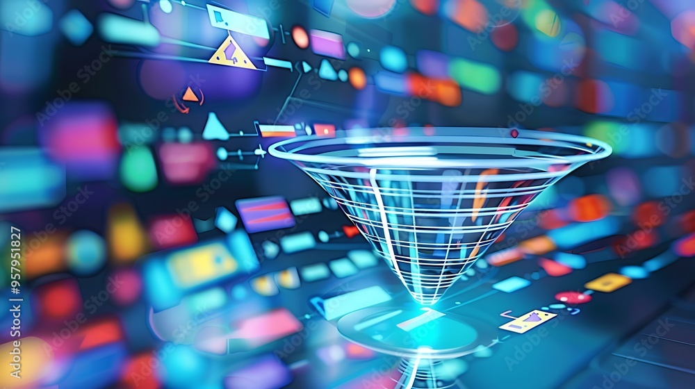 Poster digital funnel with workflow data processing screen for future cyberspace technology innovation conc
