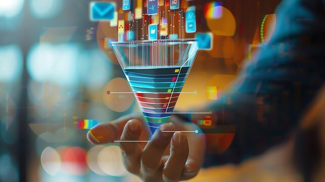 Person holding a digital marketing funnel with icons of digital marketing elements for the Concept of converting sales process prospects into customers.