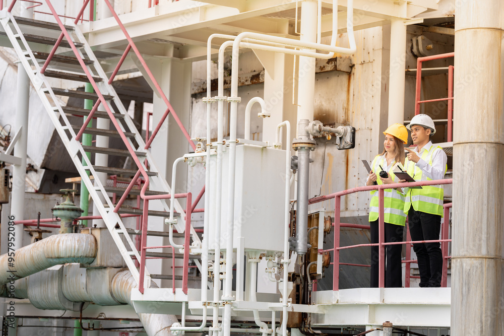 Wall mural Male and female engineers in Asia's energy industry are developing nuclear power plant technologies, which have a significant impact on the industry's operations and growth.