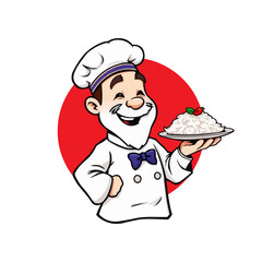 chef mascot logo design. Chef Design vector Logo illustration, Restaurant logo. Cartoon smiling chef character with food 