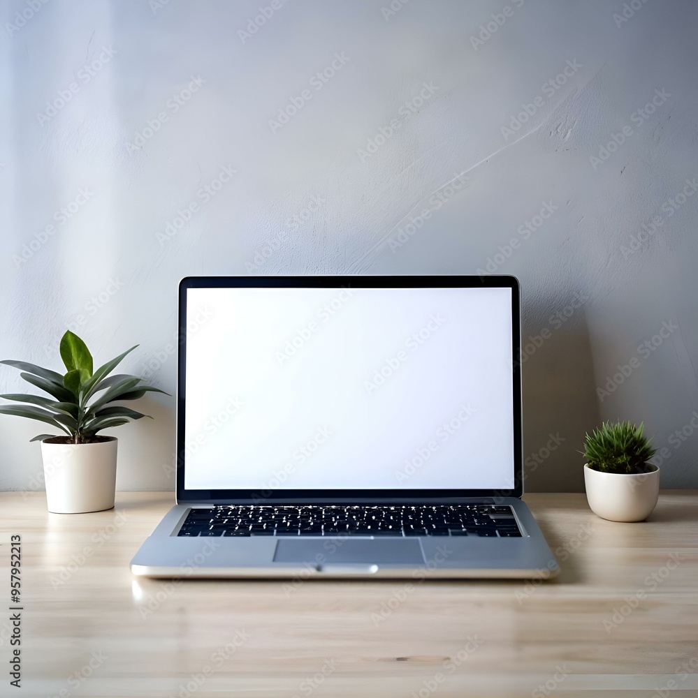 Poster a clean and modern image of a laptop with a blank screen on a minimalist desk.