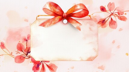 Obraz premium Watercolor blank gift tag with red ribbon and floral decorations for festive occasions