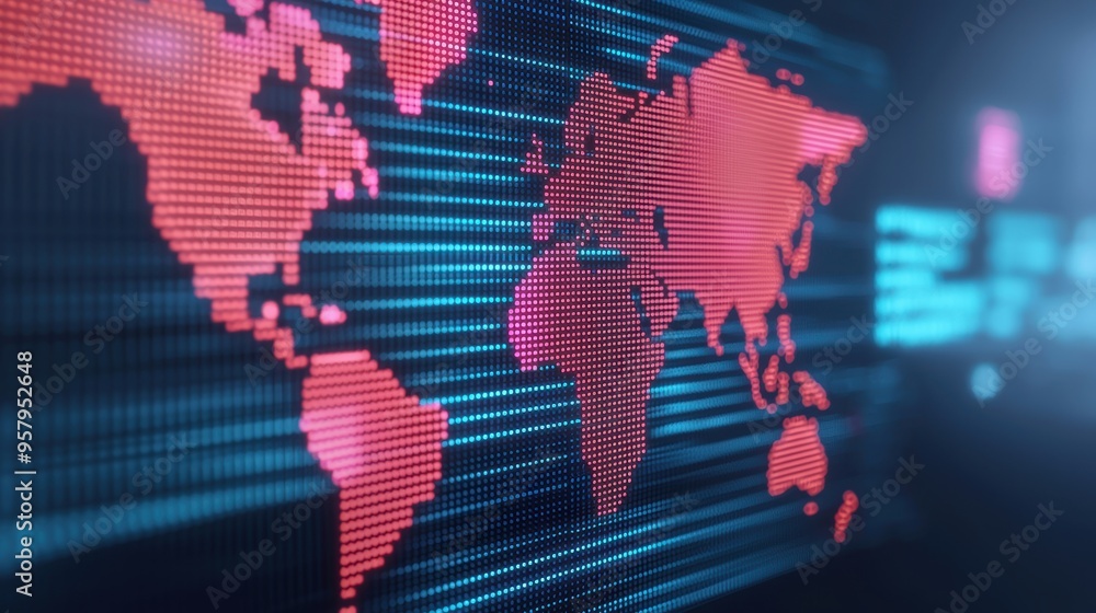 Poster digital financial world: holographic global trends map in futuristic setting with copy space.