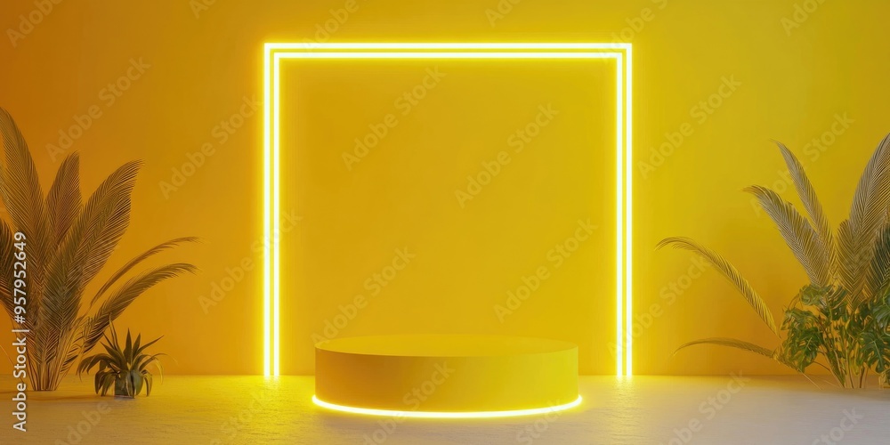 Poster Yellow backdrop 3D background featuring a product display podium scene enhanced with a neon light frame and a 3D render showcasing the podium for product presentation