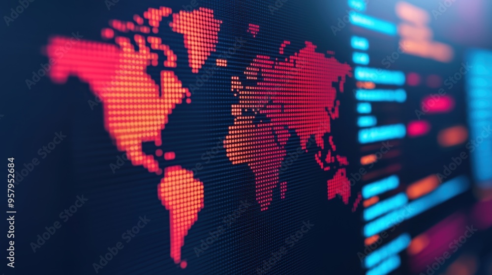 Aufkleber global financial trends concept with holographic data points on virtual world map in futuristic sett