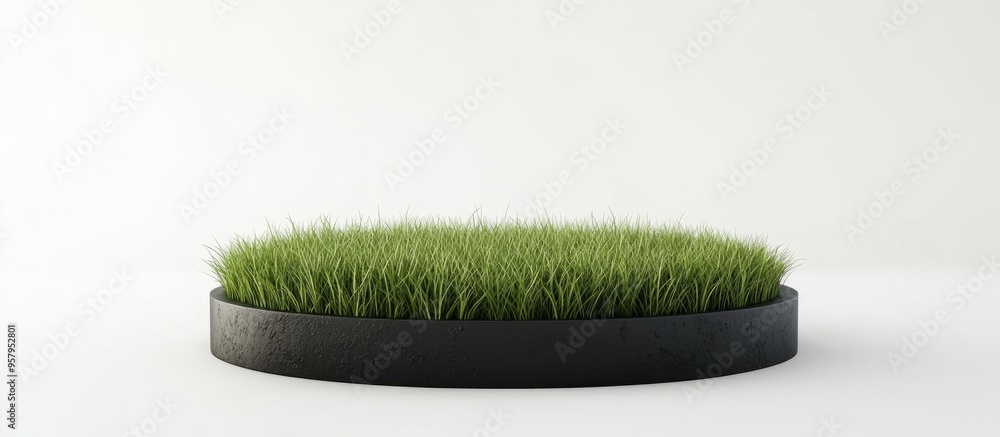 Aufkleber Fantasy 3D rendering of a circular podium set in a grass field featuring a round soil cross section mockup on a clean white background